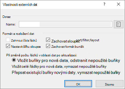 Příklad dialogového okna Vlastnosti externího rozsahu