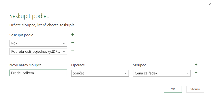 Dialog Seskupit podle pro agregační operace