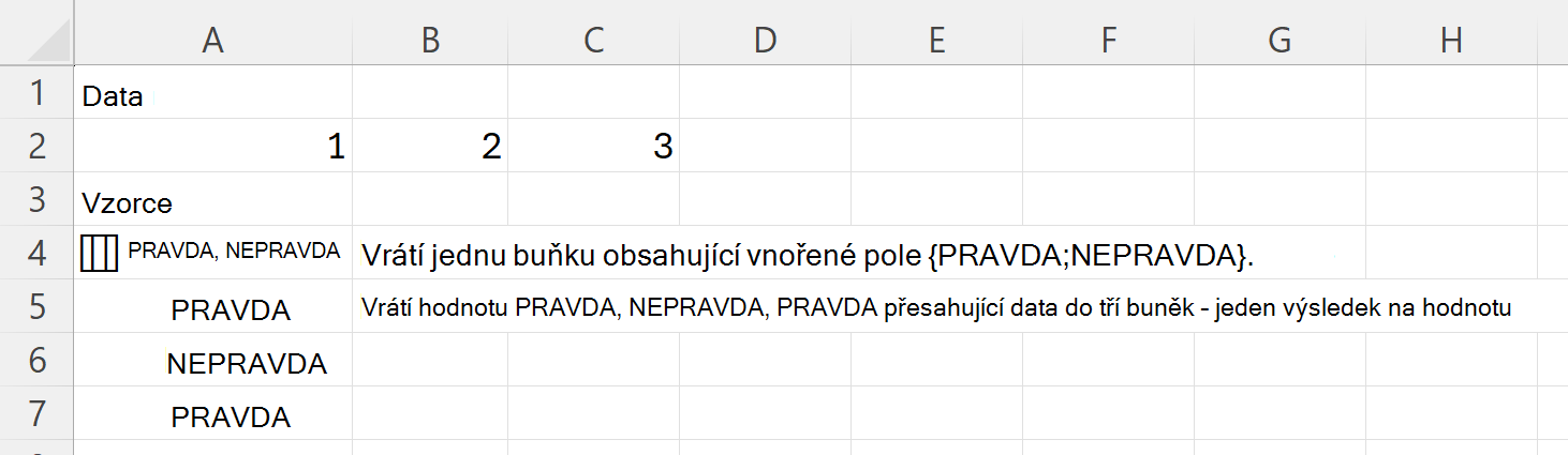 Funkce MÁ vrátí hodnotu PRAVDA a NEPRAVDA v jedné buňce vnořené matice a hodnoty PRAVDA, NEPRAVDA a PRAVDA o tři buňky níže