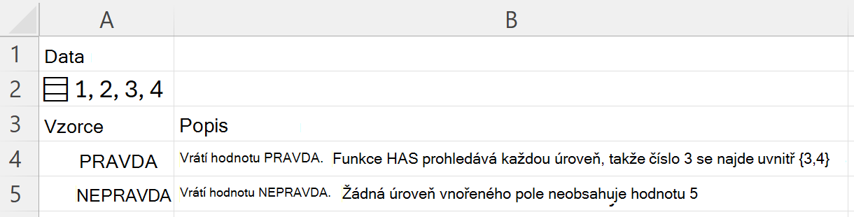 Funkce HAS najde hodnotu 3 ve vnořeném poli a vrátí hodnotu PRAVDA. Hledání čísel 5 vrátí hodnotu NEPRAVDA.
