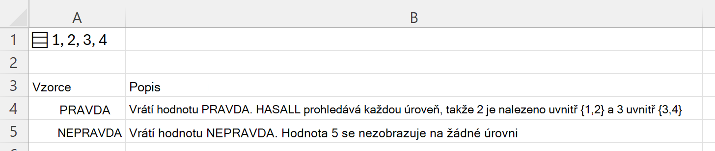 Použití funkce HASALL k vyhledávání uvnitř vnořeného pole uloženého v jedné buňce