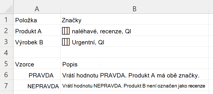 Použití funkce HASALL ke kontrole, zda buňka obsahující vnořené pole značek obsahuje všechny požadované značky