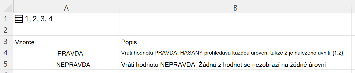 Použití HASANY k vyhledávání uvnitř vnořeného pole uloženého v jedné buňce