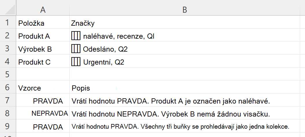 Použití HASANY ke kontrole, zda buňka obsahující vnořené pole značek obsahuje některou ze zvolených značek