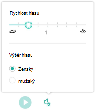 Snímek obrazovky zobrazující nastavení hlasu Asistivní čtečka s posuvníkem rychlosti a vybranou ženou