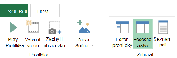 Snímek obrazovky s tlačítkem Podokno vrstvy na kartě Domů v Power Mapu
