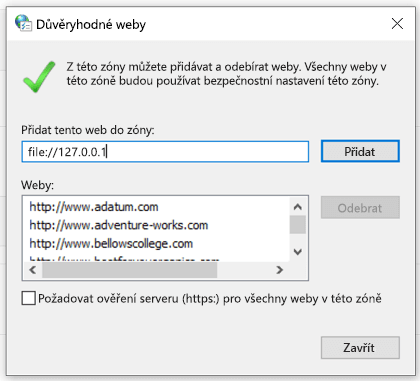 Přidání důvěryhodného webu ve vlastnostech internetu