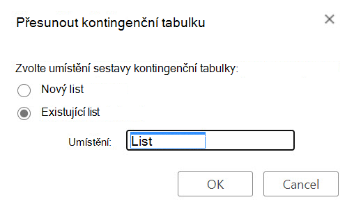 Dialogové okno Přesunout kontingenční tabulku v aplikaci Excel pro web.