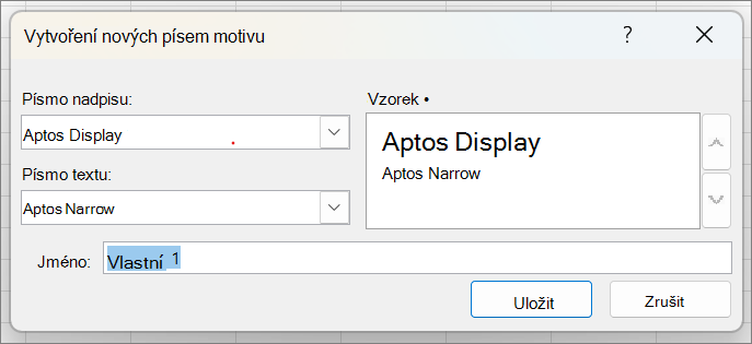 Snímek obrazovky s možností Vytvořit nová písma motivu.