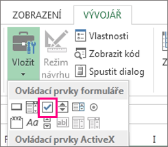 Ovládací prvek zaškrtávacího políčka na pásu karet