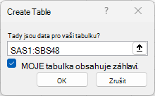 Okno Vytvořit tabulku