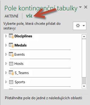 Zobrazení všech dostupných tabulek kliknutím na Vše v polích kontingenční tabulky