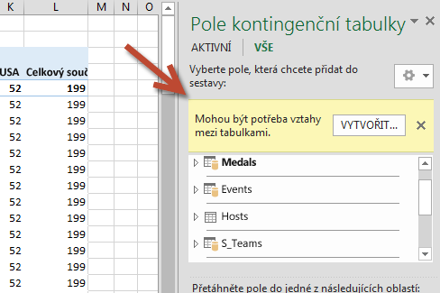 Výzva k vytvoření relace v polích kontingenční tabulky
