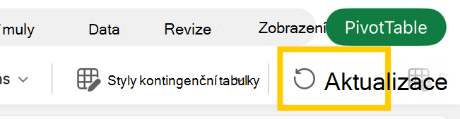 Tlačítko pro aktualizaci kontingenční tabulky na pásu karet na iPadu