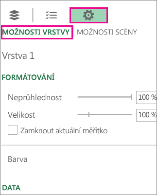 Ikona Nastavení na kartě Možnosti vrstvy