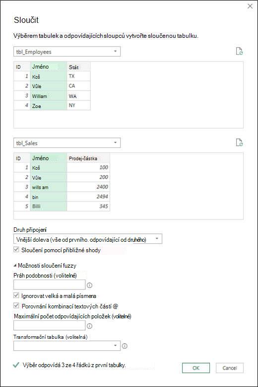 Možnosti fuzzy sloučení v Power Query