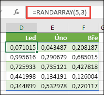 Funkce RANDARRAY v Excelu. Funkce RANDARRAY(5,3) vrátí náhodné hodnoty mezi 0 a 1 v matici o výšce 5 řádků a šířce 3 sloupce.