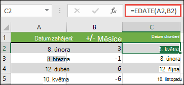 Funkce EDATE se používá k přičítání nebo odečítání měsíců od určitého data. V tomto případě =EDATE(A2,B2), kde A2 je datum a B2 obsahuje počet měsíců k přičtení nebo odečtení.