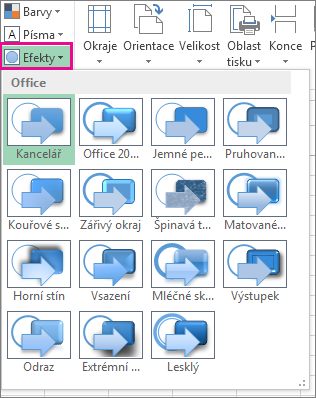 Snímek obrazovky znázorňující efekty motivů na kartě Rozložení stránky