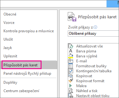 Možnosti > souboru > Přizpůsobit pás karet
