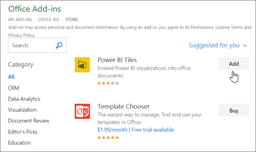 Snímek obrazovky se stránkou Doplňky pro Office, kde můžete vybrat nebo vyhledat doplněk pro Excel.