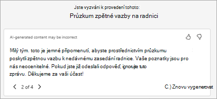 Funkce Copilot automaticky vygeneruje navrhovaný text pozvánky. Tady můžete text upravit nebo můžete vybrat Možnost Přepsat pomocí Copilotu a požádat ho o vygenerování nové verze.