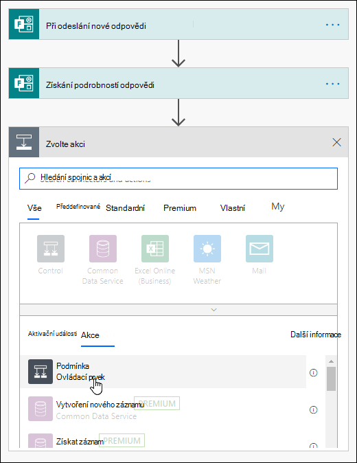 Volba podmínky jako akce v Power Automate
