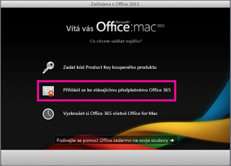 Domovská stránka instalace Office pro Mac, kde se přihlašujete ke stávajícímu předplatnému Office 365.