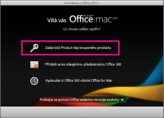 Obrazovka aktivace Office pro Mac