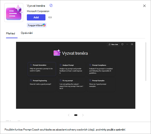 Snímek obrazovky aplikace s dalšími podrobnostmi a možností přidat ji do Microsoft 365 Copilot