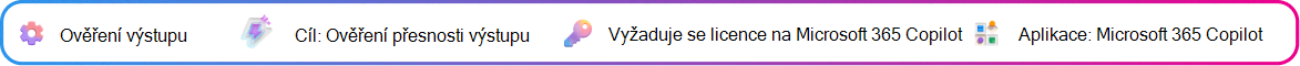 Kontextová karta ověření výstupu zaměřená na ověření stručného rozhodnutí vygenerovaného Copilotem před tím, než na něj začnete reagovat. Cíl: Potvrdit stručnou přesnost. Vyžaduje se licence Microsoft Copilot. Aplikace: Microsoft Copilot.