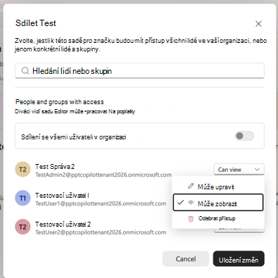 Snímek obrazovky, který ukazuje nastavení sdílení pro sadu Brand Kit, včetně oprávnění lidí, skupin a oprávnění čtenáře nebo editora.
