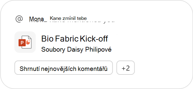Soubor PowerPointu, který se zobrazuje jako doporučený soubor spolu s navrhovanými výzvami k dalším akcím.