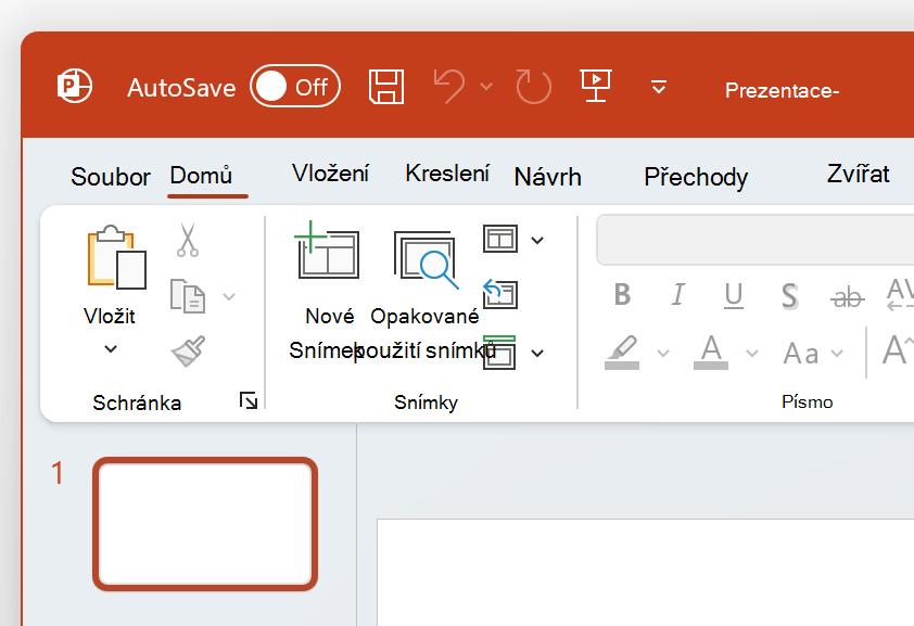 Snímek obrazovky s levým horním rohem PowerPointu v barevném motivu