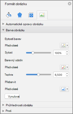 Úprava nastavení sytosti barev v podokně Formát obrázku