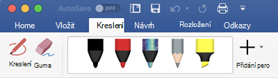 Pera a zvýrazňovače na kartě Kreslení v Office 365 pro Mac