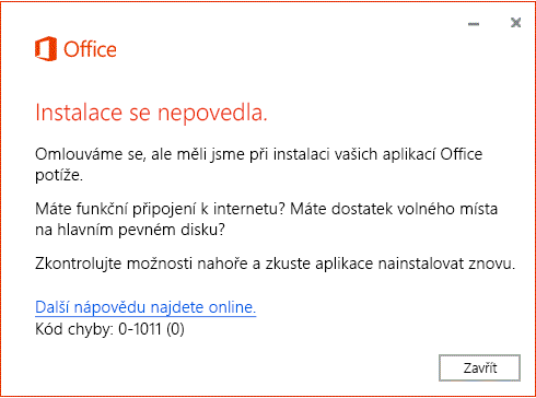 Zpráva nezdařené instalace