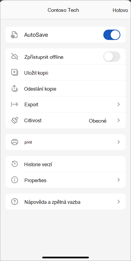 Snímek obrazovky s dialogem Další možnosti