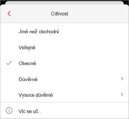 Snímek obrazovky s nabídkou citlivosti s dostupnými popisky citlivosti
