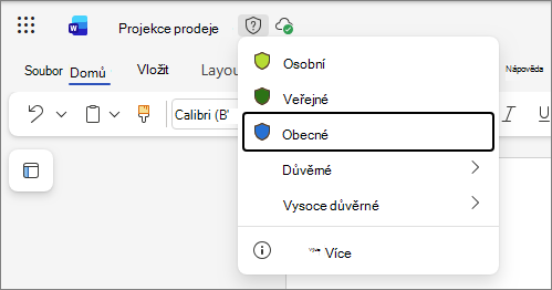 Rozevírací seznam popisků citlivosti v Office pro web s příkladem v dokumentu aplikace Word a se standardními názvy štítků