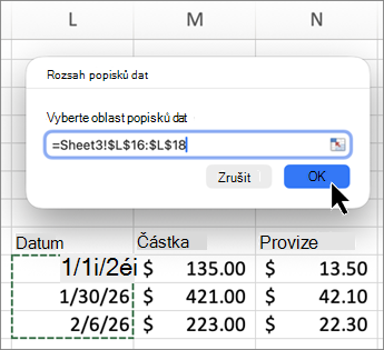 Snímek obrazovky s rozsahem popisků dat na Macu v Excelu