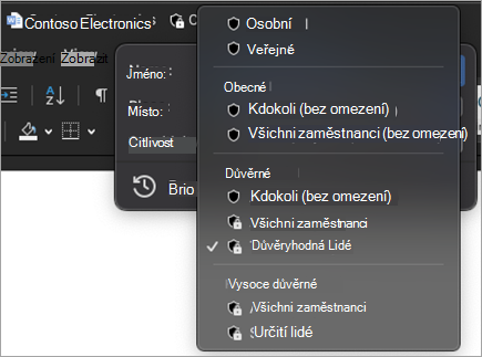 Snímek obrazovky s rozbalenou nabídkou citlivosti v záhlaví se zobrazenými dostupnými popisky citlivosti.