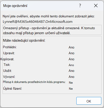 Snímek obrazovky s dialogovým oknem zobrazujícím uživatelská oprávnění