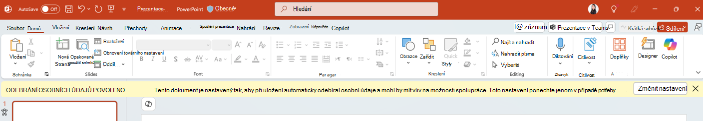 Oznámení o povolení odebrání osobních údajů v aplikaci PowerPoint