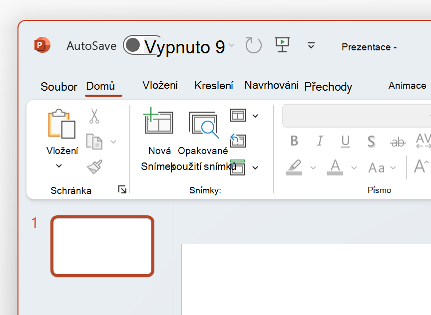 Snímek obrazovky s levým horním rohem aplikace PowerPoint v bílém motivu