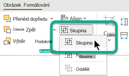 Na kartě Formát obrázku jsou možnosti seskupení v části Uspořádat.