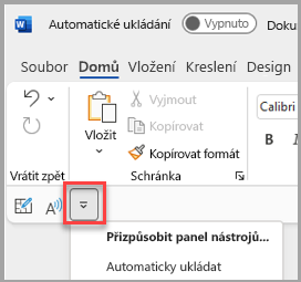 Umístění panelu nástrojů Rychlý přístup pod pásem karet