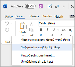 Obrázek možnosti pro skrytí panelu nástrojů Rychlý přístup