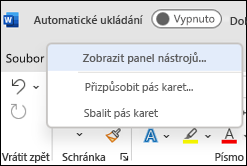 Obrázek možnosti zobrazit panel nástrojů Rychlý přístup