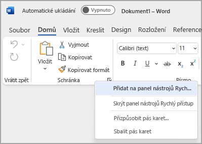 Obrázek rozevíracího seznamu pro přizpůsobení panelu nástrojů Rychlý přístup pro přidání příkazů